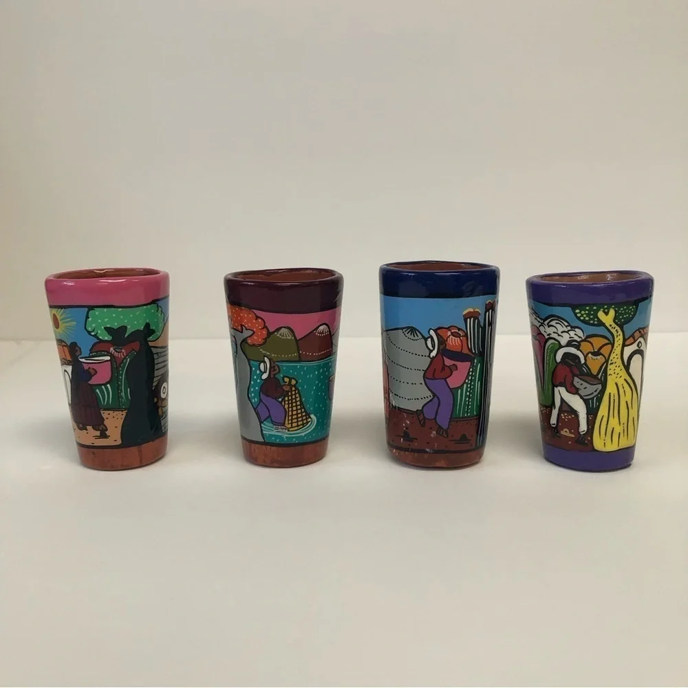 Set of 4/Tequila Shot Glass / NWT/ Hand Painted Colorful Mini Clay
